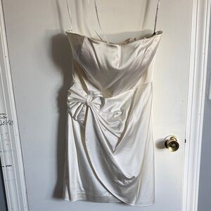 Calvin Klein Ivory Satin Strapless Mini Dress with Side Bow